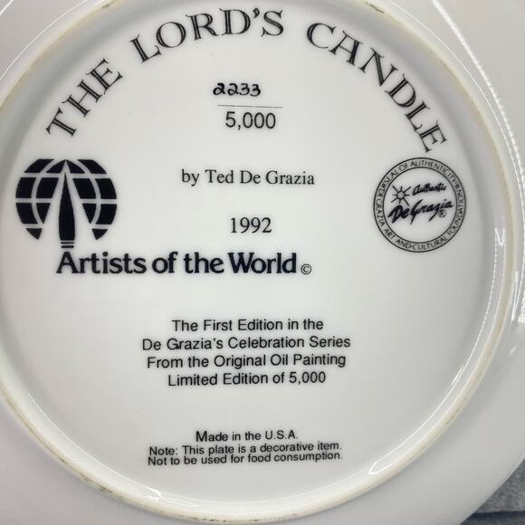 Vintage 1992‎ De Grazia The Lord's Candle Artist of the World 8" Collector Plate - Picture 6 of 6